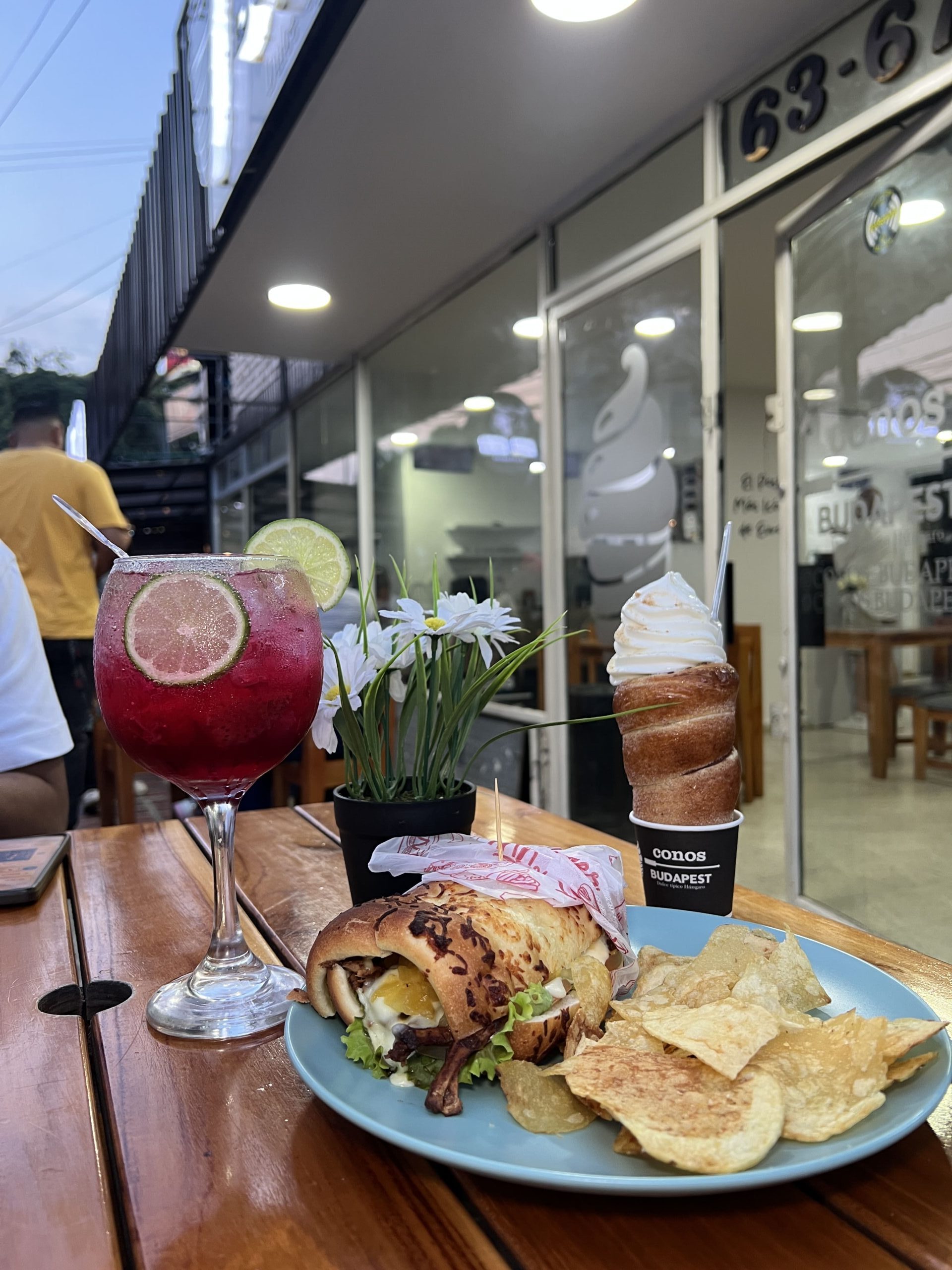 Plato salado de tardear, sandwich, papas y soda, con helado estilo hungaro.